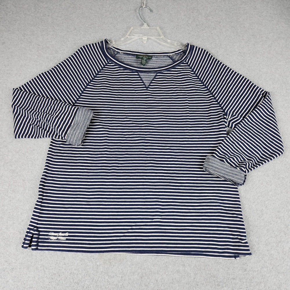 Lauren Ralph Lauren Top Womens L Navy White Striped Long Sleeve Cotton Side Slit